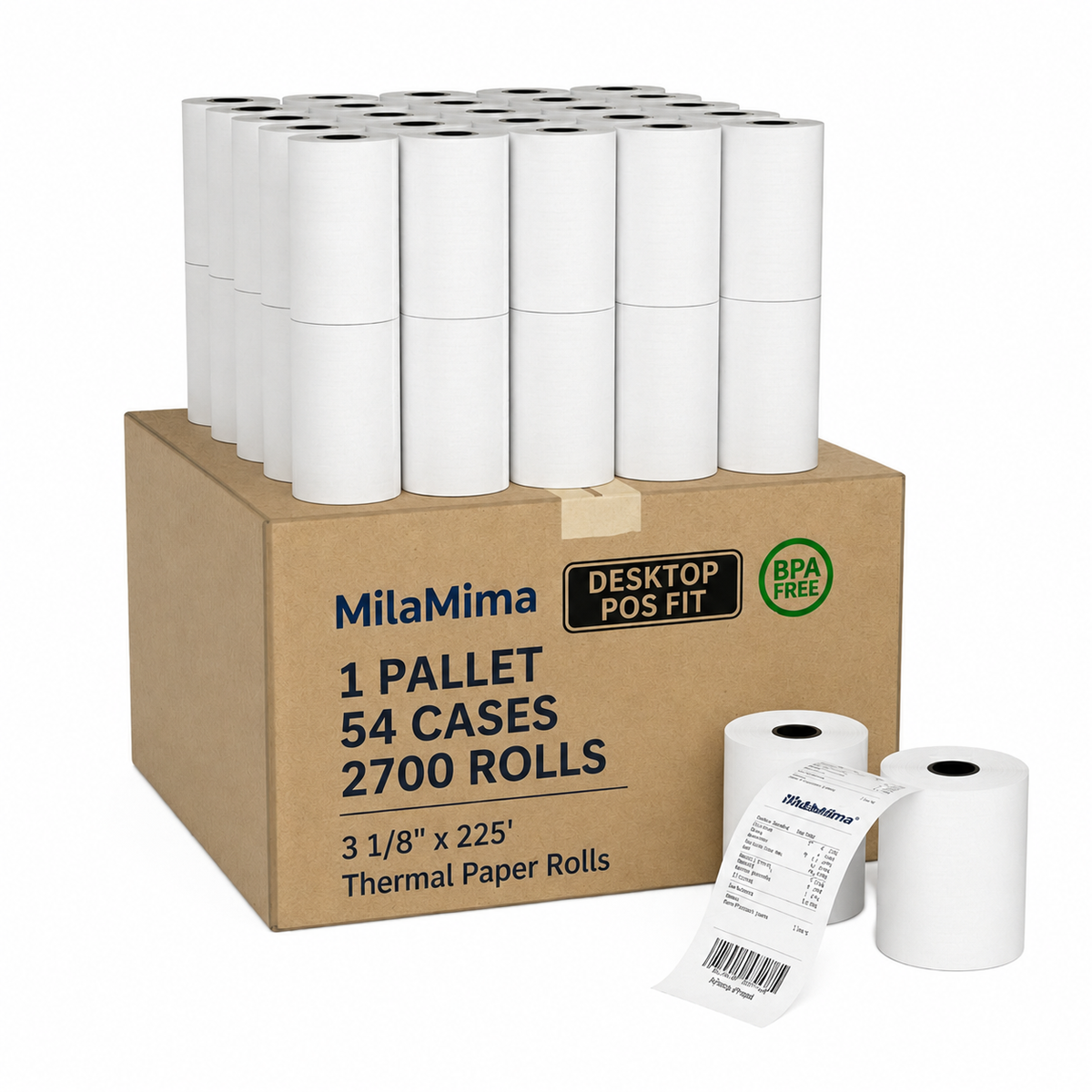 3 1/8" x 225' Thermal Receipt Paper 1 Pallet (54 Cases / 2,700 Rolls)