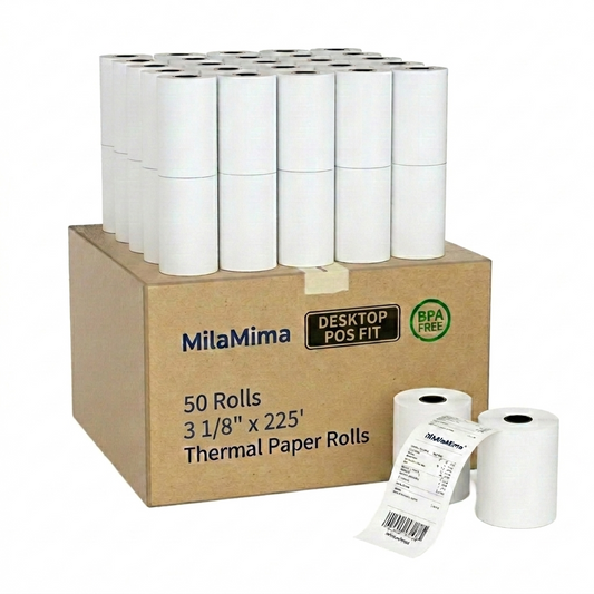 MilaMima 50 Rolls 3-1/8" x 225' Thermal Paper | 80mm BPA-Free for Epson, Star, Clover & Square